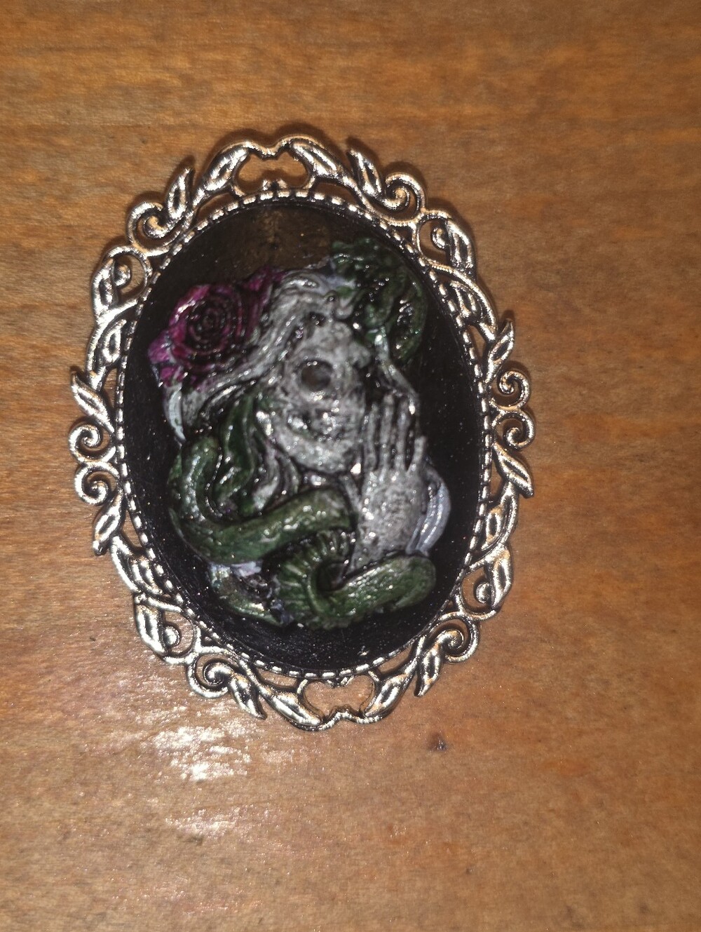 Skeleton Snake Lady Handpainted Gothic Cameo On Stainless Steel Chain Necklace